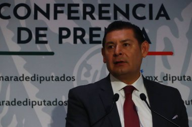 17 Ocak 2024 'te Mexico City, Meksika' da Morena Partisi Senatörü Alejandro Armenta, Meksika Milletvekilleri Meclisi 'nde düzenlediği basın toplantısında jest yaptı. 17 Ocak 2024. Mexico City, Meksika 'da.