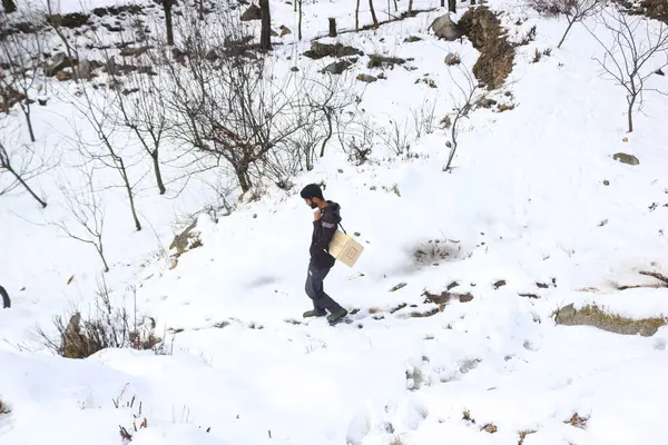 4 Mart 2024, Srinagar, Hindistan: Bir sağlık çalışanı Srinagar 'ın dış mahallelerindeki çocuk felci aşılama kampanyası sırasında karla kaplı bir tepede yürüyor