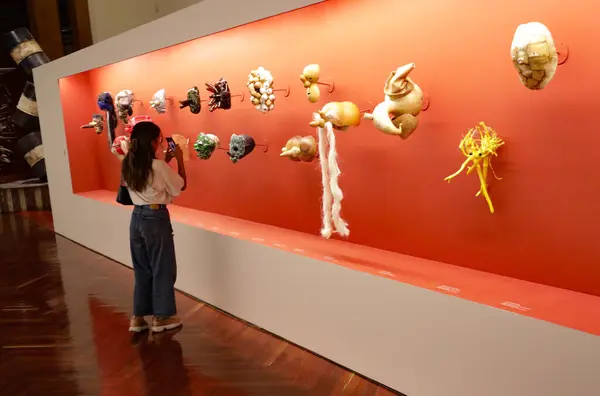 9 Nisan 2024. Mexico City, Meksika: Bir kadın, sanatçı Damian Ortega 'nın Palacio de Bellas Sanat Müzesi' nde düzenlediği Pico y Elote sergisinde fotoğraf çekiyor.