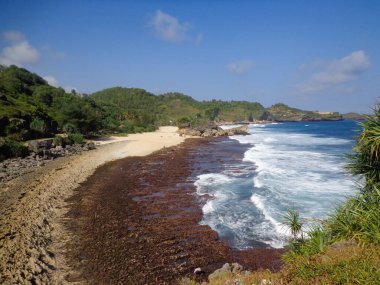 Kasap Sahili 'nin fotoğrafı, yazları kumlu tropikal kıyı manzarası. Turist hedefi sosyal medya içeriği, tatil, tasarım unsurları, gezgin hedefleri, seyahat uygulaması, vb..