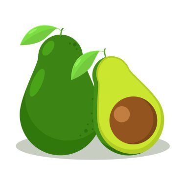 Beyaz arka planda izole edilmiş taze ve yarım avokado çizelgesi. Düz tasarım