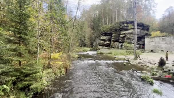 Rio Com Uma Pequena Cachoeira Parque Nacional Suíça Checa Perto — Vídeo de Stock