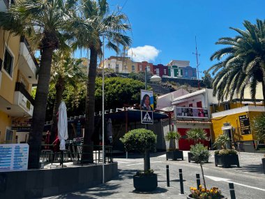 Candelaria, Spain - 16.05.2023: Street with traditional colours style houses, Tenerife, Canary Islands. High quality photo