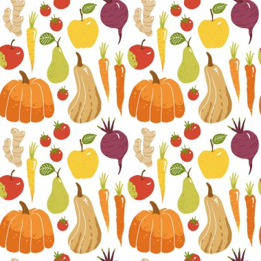 Tatlı meyveler ve sebzeler vektör içinde harika, çiğ vejetaryen desenli. Lezzetli elma, zencefil, domates, kabak, pancar, havuç, armut ve balkabağı.