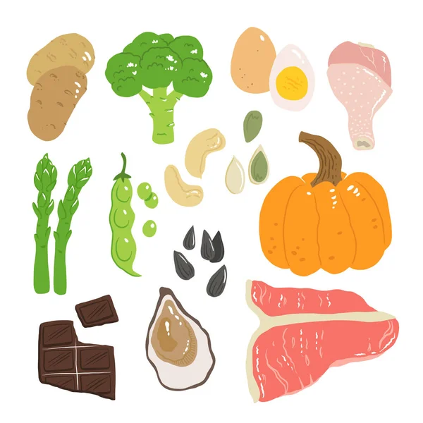 Cink Élelmiszer Forrás Vektor Állomány Illusztráció Magas Cinktartalmú Élelmiszeripari Termékek — Stock Vector