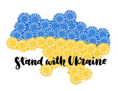 Ukrayna 'nın çiçek haritası. Mavi ve sarı ayçiçekleri. El çizimi vektör illüstrasyonu. Ukrayna kavramını destekle.