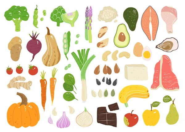 Konseptillustrasjon Med Kjøtt Sjømat Søt Frukt Grønnsaker Vektor Smakfullt Eple – stockvektor