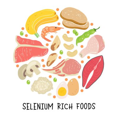 Selenyum vektör stok çizimi. Yüksek içerikli gıda ürünleri. Ton balığı, et, mantar, karides, fındık, kaju, yulaf, ekmek, fasulye. Bilgi afişi. Yemek, diyet.