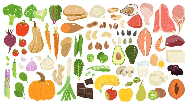 Sbírka Ručně Kreslených Potravinářských Ilustrací Izolovaných Bílém Pozadí Balíček Čerstvé — Stockový vektor