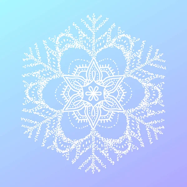 Mandala Vetorial Floco Neve Sobre Fundo Azul Esboço Branco Ornamento — Vetor de Stock