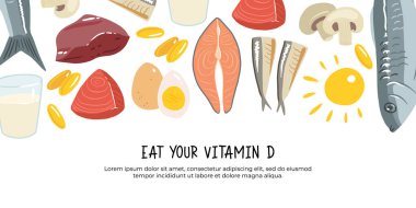D vitamini kaynakları koleksiyonu. Kolesistektomi ile zenginleştirilmiş yiyecek. Süt ürünleri, balık, mantar ve yumurta. Diyet organik beslenme. Düz vektör karikatür çizimi beyaza izole edildi