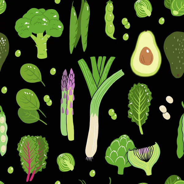 Grønne Grønnsaker Sømløst Mønster Vektorsett Med Vegan Greier Avocado Artisjokk – stockvektor