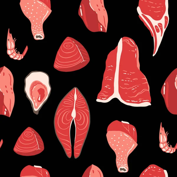 Meat Cuts Seamless Pattern Background Fresh Pork Chop Beef Ham — Stock Vector