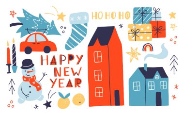 Noel ağacı, araba, güzel evler, kardan adam, hediyeler ve mumlar, Clementine. El çizimi karalama biçimi.