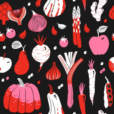 Tatlı meyveler ve sebzeler vektör içinde harika, çiğ vejetaryen desenli. Lezzetli elma, zencefil, domates, kabak, pancar, havuç, armut ve balkabağı.