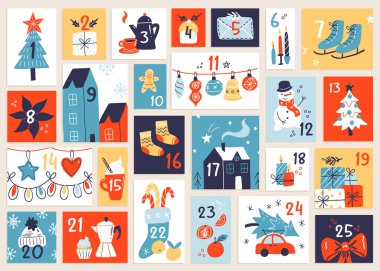 Aralık ayı takvimi. Noel posterleri basılabilir etiketler Xmas süslemeleri kırmızı ve sarı renkler, kış kartpostalı yaratıcı şablonlar