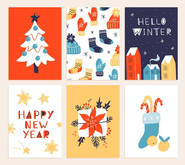 Stock vector Vector collection of Christmas poster templates. New year 2023 set of christmas greeting cards. Bright colors. presents and hand written lettering for your invitation and design.