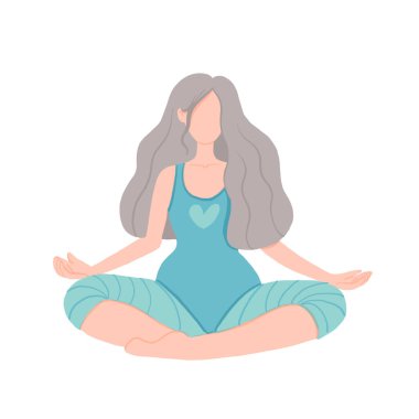 Yoga yapan yaşlı bir kadının vektör çizimi. Sağlıklı yaşam tarzı, spor ve meditasyon kavramı. Lotus pozunda Yaşlanmaz Macera.