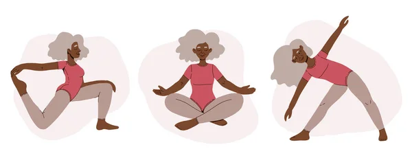 ヨガをしている年配の黒人女性のベクトルイラスト 健康的なライフスタイル スポーツ 瞑想の概念は 古い時代にあります Isageless — ストックベクタ