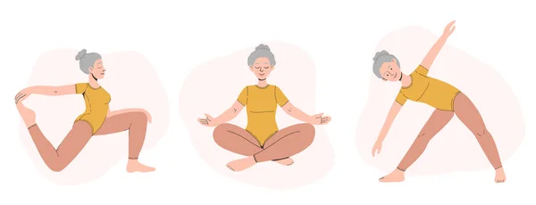 一个老年妇女做瑜伽的矢量图解 老年人健康的生活方式 运动和冥想的概念 冒险是永恒的 — 图库矢量图片