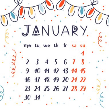 Ocak 2023 için parlak çelenkli vektör takvimi. Tipografik yazıtlı çizgi film tarzı ay takvimi.