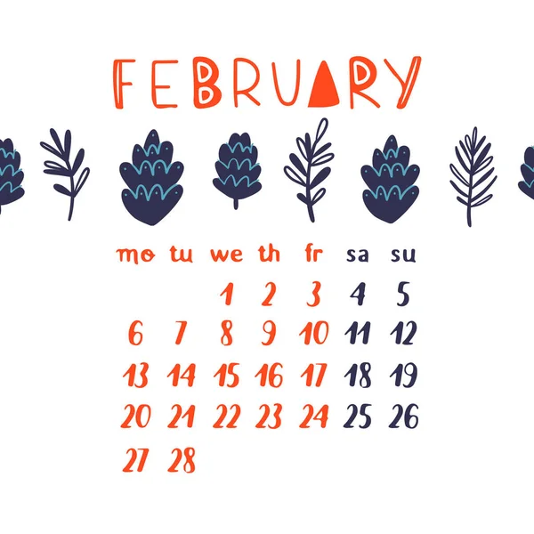 Vektorkalender Februar 2023 Med Furukongler Grener Karikaturkalender Med Typografisk Inskripsjon – stockvektor