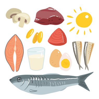 D vitamini kaynakları koleksiyonu. Kolesistektomi ile zenginleştirilmiş yiyecek. Süt ürünleri, balık, mantar ve yumurta. Diyet organik beslenme. Düz vektör karikatür çizimi beyaza izole edildi