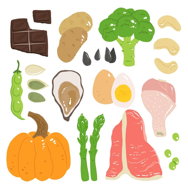 Zinco Fontes Alimentares Ilustração Estoque Vetorial Produtos Alimentares Com Elevado — Vetor de Stock