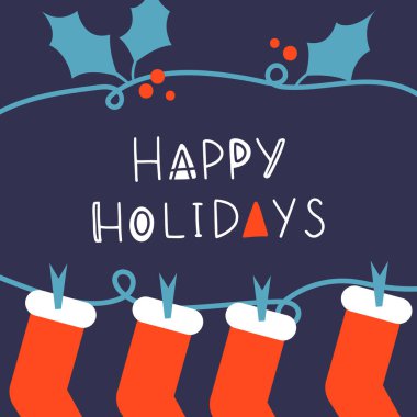 Noel çorapları hediye olarak çamaşır ipine asıldı. İyi tatiller. Noel süsü. Bir tebrik kartı için boş, yeni yıl tasarımı. Düz vektör çizimi beyaz arkaplanda izole edildi