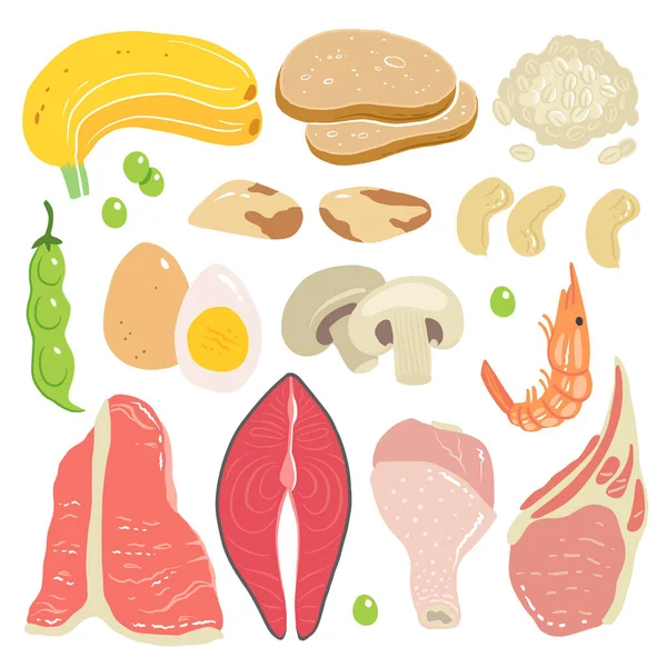 Szelénvektor Készlet Illusztráció Magas Ásványianyag Tartalmú Élelmiszerek Tonhal Hús Gomba — Stock Vector