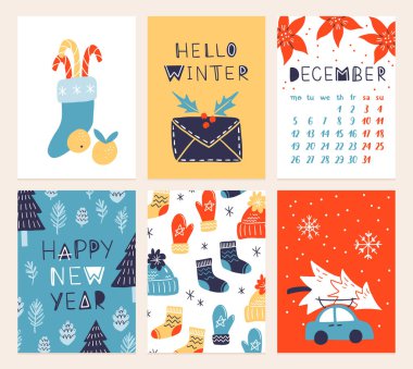 Noel afiş şablonlarının vektör koleksiyonu. 2023 yılbaşı tebrik kartı seti. Parlak renkler. hediyeler ve el yazması mektuplar davet ve tasarım için.