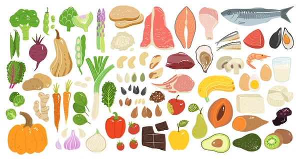 Raccolta Illustrazioni Alimentari Disegnate Mano Isolate Sfondo Bianco Pacchetto Verdure — Vettoriale Stock