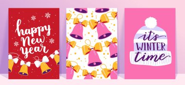 Noel afiş şablonlarının vektör koleksiyonu. 2023 yılbaşı tebrik kartı seti. Parlak renkler. hediyeler ve el yazması mektuplar davet ve tasarım için.