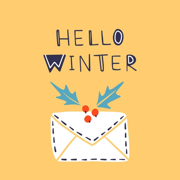 Winter Envelope Inscription Hello Winter Vector Illustration Colorful Elements Typographic — Stock Vector