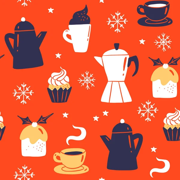 Векторный Бесшовный Рисунок Рождественскими Напитками Чашки Кофе Чай Горячий Шоколад — стоковый вектор