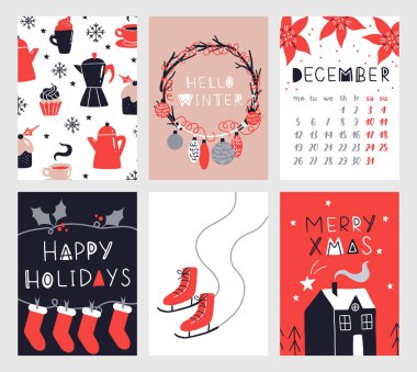 Noel afiş şablonlarının vektör koleksiyonu. 2023 yılbaşı tebrik kartı seti. Parlak renkler. hediyeler ve el yazması mektuplar davet ve tasarım için.