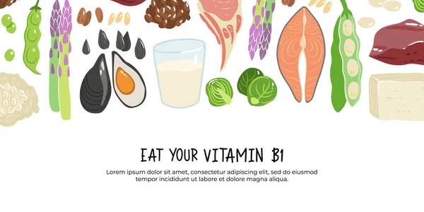 Collezione Fonti Vitamina Alimenti Contenenti Tiamina Tofu Farina Avena Fegato — Vettoriale Stock