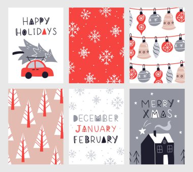 Noel afiş şablonlarının vektör koleksiyonu. 2023 yılbaşı tebrik kartı seti. Parlak renkler. hediyeler ve el yazması mektuplar davet ve tasarım için.