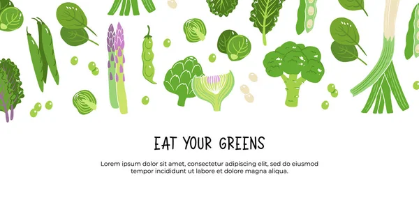 Spis Grønnsakene Dine Forskjellige Velsmakende Friske Grønne Grønnsaker Blader Håndtegnet – stockvektor