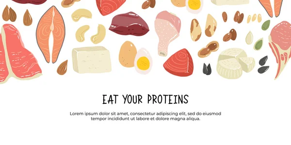 Spis Proteinbanneret Ditt Sett Med Fisk Kjøtt Nøtter Frø Kjøtt – stockvektor