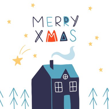 Tepede ağaçlar ve evler olan hoş dekoratif tebrik kartı. Son moda çocuksu Xmas posteri. El yazısı harflerle renklendirilmiş vektör çizimi. Mutlu Noeller.