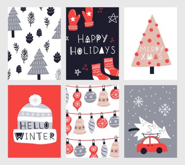 Noel afiş şablonlarının vektör koleksiyonu. 2023 yılbaşı tebrik kartı seti. Parlak renkler. hediyeler ve el yazması mektuplar davet ve tasarım için.