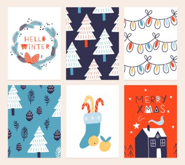 Noel afiş şablonlarının vektör koleksiyonu. 2023 yılbaşı tebrik kartı seti. Parlak renkler. hediyeler ve el yazması mektuplar davet ve tasarım için.