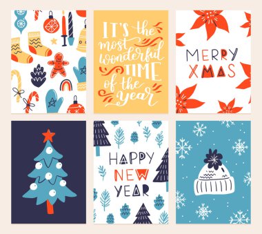 Noel afiş şablonlarının vektör koleksiyonu. 2023 yılbaşı tebrik kartı seti. Parlak renkler. hediyeler ve el yazması mektuplar davet ve tasarım için.