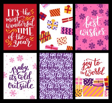 Noel afiş şablonlarının vektör koleksiyonu. 2023 yılbaşı tebrik kartı seti. Parlak renkler. hediyeler ve el yazması mektuplar davet ve tasarım için.