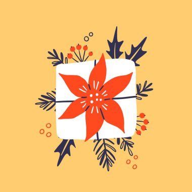 Noel hediyesi kutusu posteri. Srickers, logo, kartlar, posterler, ambalajlar, hatıra defterleri, şablonlar için samimi kış çizimleri. Düz karalama biçiminde mevcut.