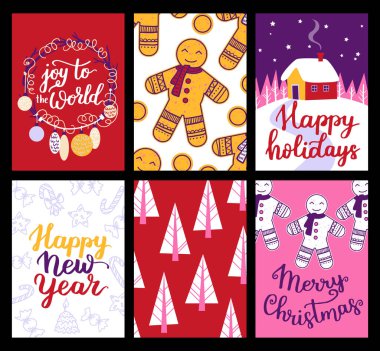 Noel afiş şablonlarının vektör koleksiyonu. 2023 yılbaşı tebrik kartı seti. Parlak renkler. hediyeler ve el yazması mektuplar davet ve tasarım için.