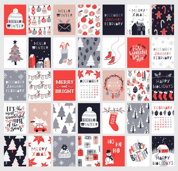 Collection Vectorielle Modèles Affiches Noël Nouvel 2023 Ensemble Cartes Voeux — Image vectorielle