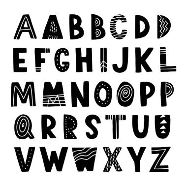 Çocuklar için İskandinav vektör alfabesi. El çizimi grafik yazı tipi. Tipografi posteri, kart, etiket, broşür, broşür, sayfa, pankart tasarımı için. - ABC. Çizgi film alfabesi.