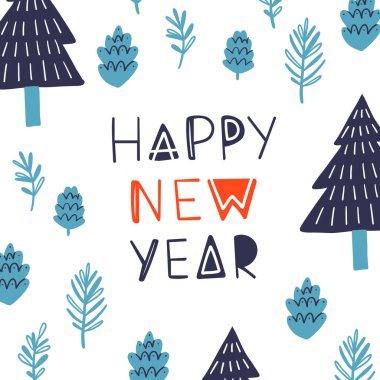 Çam ağaçları, dallar ve koni şeklinde şirin karalama şeklindeki vektör posteri. Yeni yılın kutlu olsun. Noel kartları, posterler, afişler ve diğer grafik ve web tasarımı için ideal